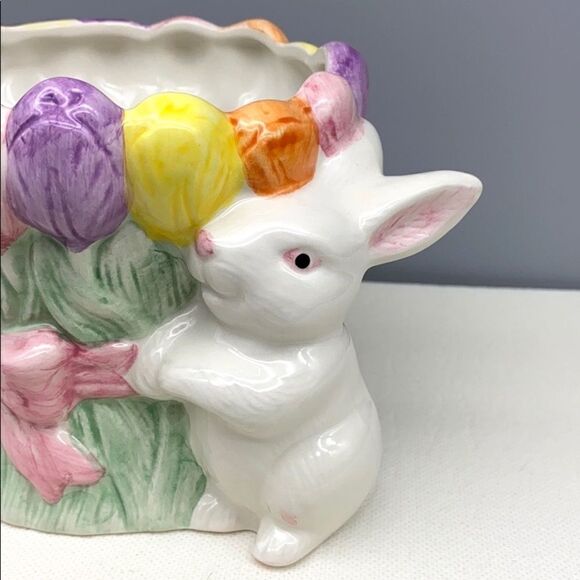 NWOT Palm Tree Ceramic Flower Pot Planter Easter Bunny - Picture 3 of 5